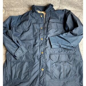 Vintage Woolrich Blue Rain Coat Jacket Plaid Flannel Wool Lined Hooded Women M